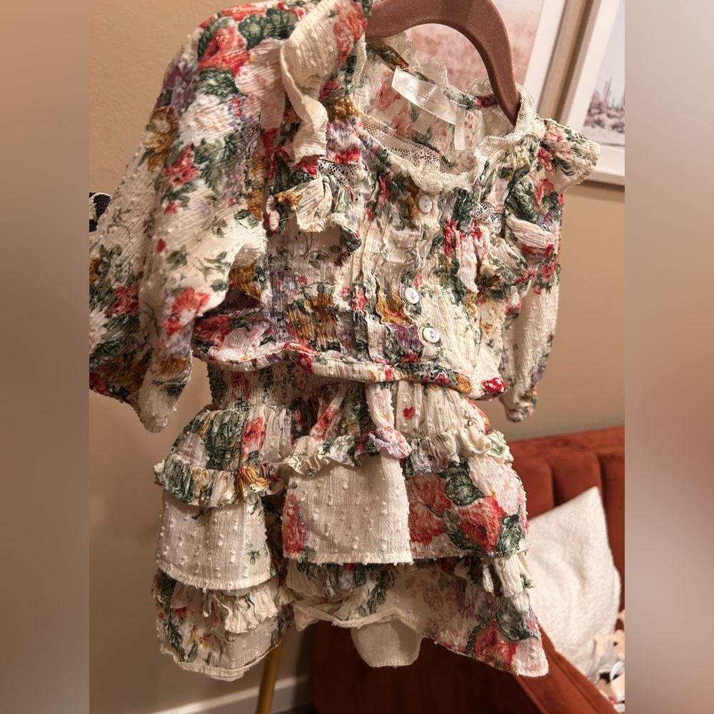 EUC - LoveShackFancy Cream Floral Top and Skirt